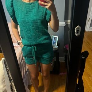 Green Textured Short Sleeve Romper